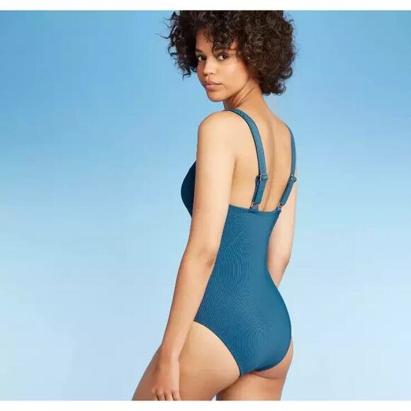 Kona Sol Womens Ribbed One Piece Swimsuit Small Blue Zipper Front Resort Beach - Picture 3 of 13